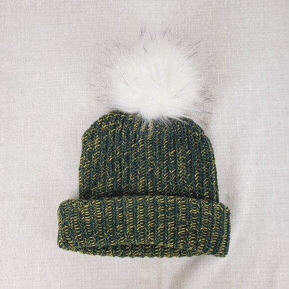 Love Your Melon Pom Beanie Cuffed Green Gold Knit Cotton Winter Warm Hat - Picture 3 of 5